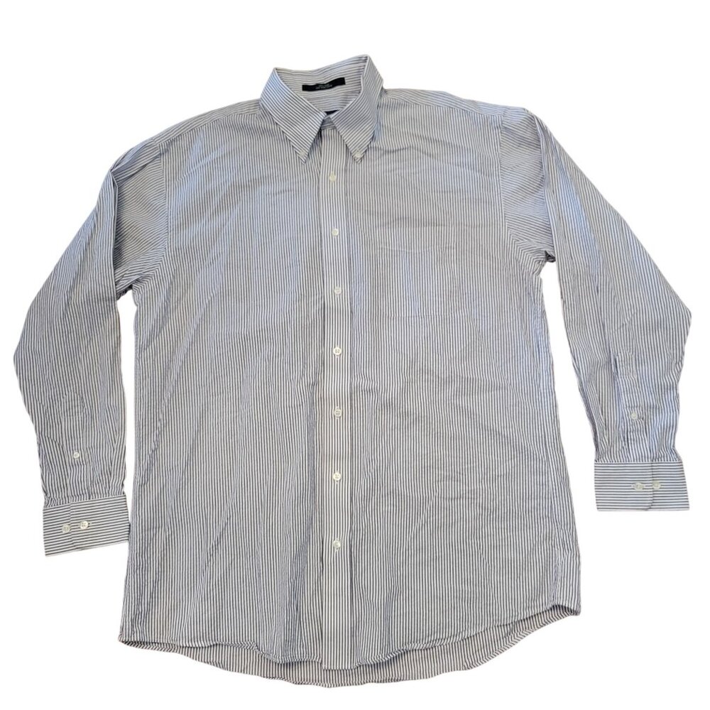 Jon Michael Cane L Blue White Striped Poplin Long Sleeve Cotton Shirt